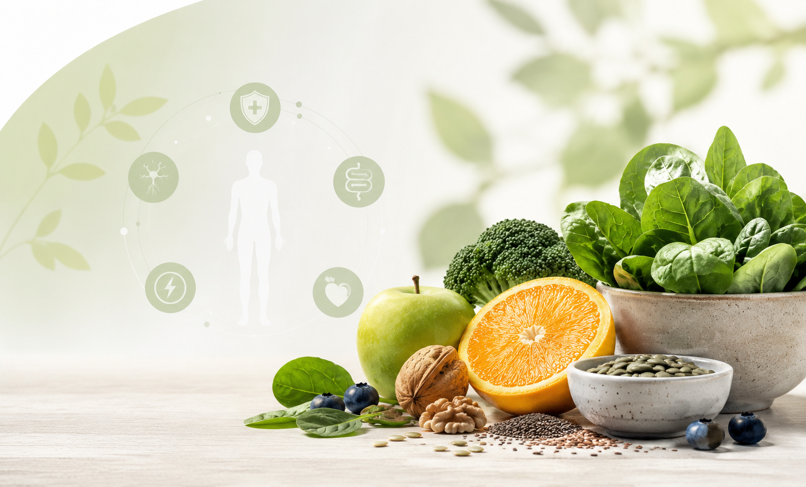 Frisches Obst, Gemüse, Nüsse und Samen als natürliche Quellen für Vitamine, Mineralstoffe und Co-Faktoren für eine ausgewogene Ernährung und einen normalen Stoffwechsel.