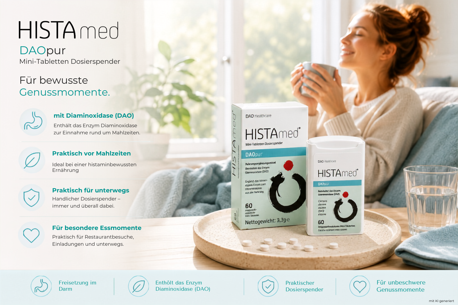 HISTAmed DAOpur Mini-Tabletten mit DAO-Enzym – emotionale Lifestyle-Darstellung für unbeschwerten Genuss und mehr Wohlbefinden bei histaminreicher Ernährung.