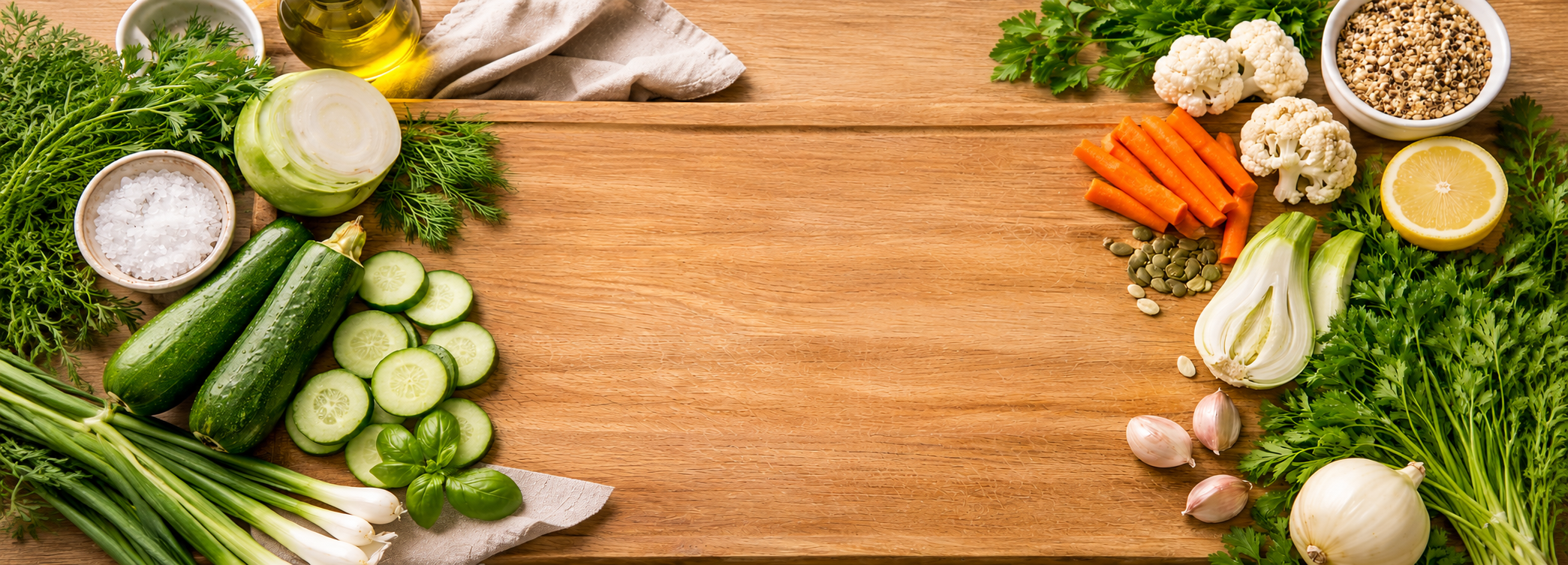 Frisches Gemüse und natürliche Zutaten auf Holzbrett für histaminbewusste Ernährung und gesunden Lifestyle
