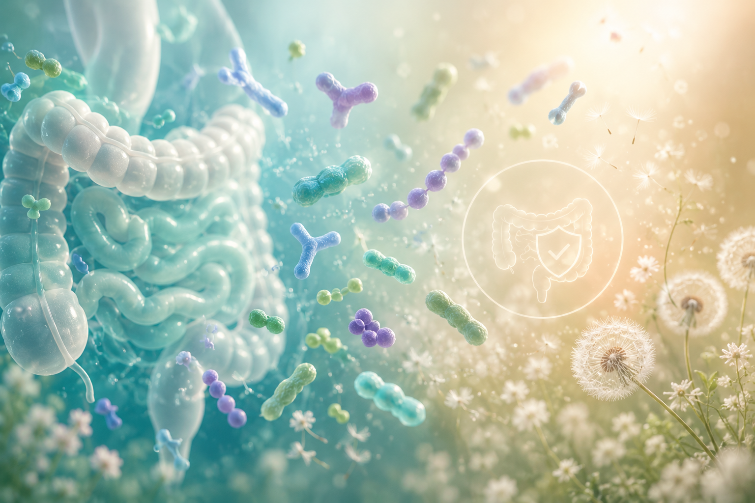 Titelbild mit stilisiertem Darm, verschiedenen Milchsäurebakterien und natürlicher Umgebung als Symbol für Probiotika, Mikrobiom und die Vielfalt der Bakterienstämme.