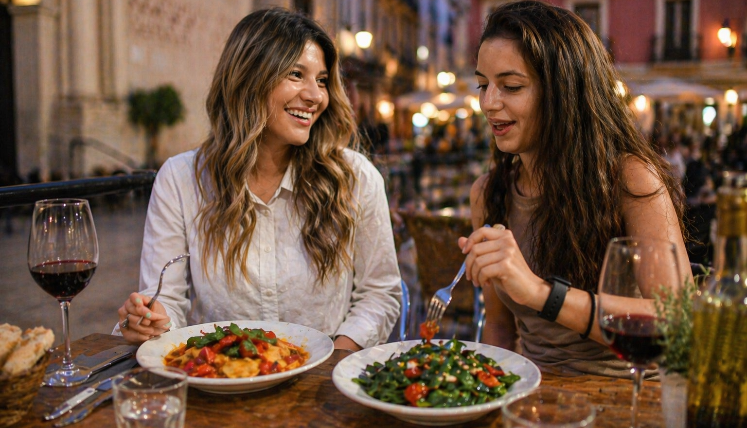 Zwei Frauen genießen ein histaminarmes Abendessen in einer Altstadt
