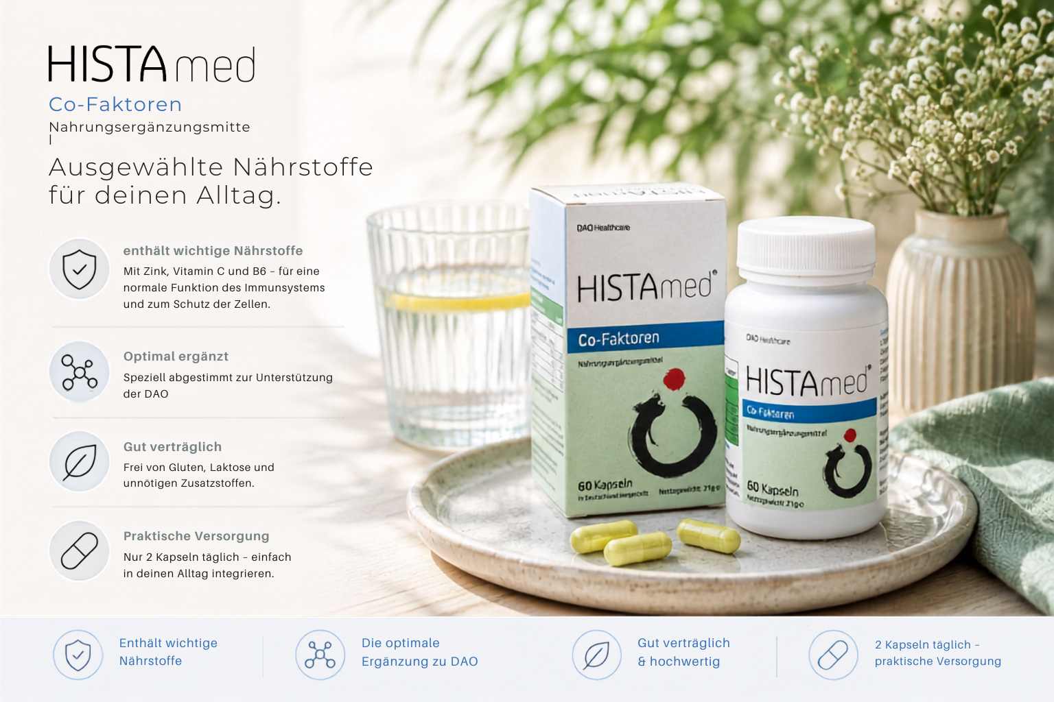 HISTAmed Co-Faktoren mit Zink, Vitamin C und B6 – hochwertige Nahrungsergänzung zur Unterstützung der DAO-Enzymaktivität, stilvoll präsentiert in einer natürlichen Wellness-Produktgrafik.