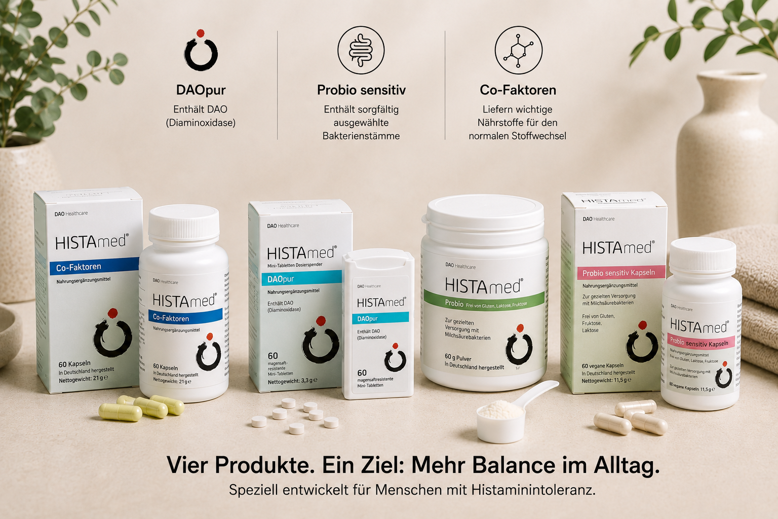 Histamed Produktvorstellung aus Histamed DAOpur, Histamed Probio, Histamed Probio sensitiv und HIstamed Co-Faktoren
