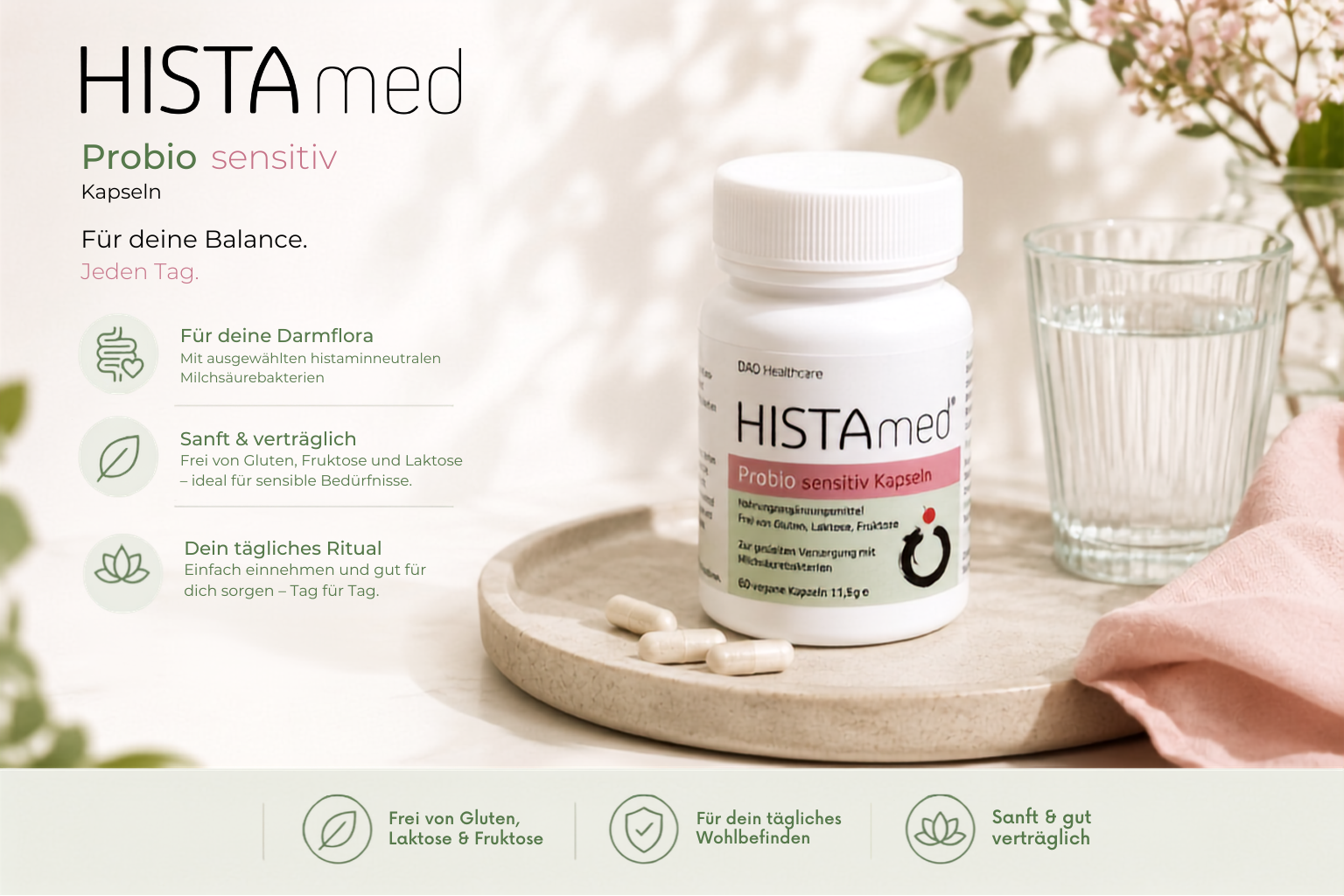 HISTAmed Probio sensitiv Kapseln – probiotische Nahrungsergänzung für sensible Menschen, frei von Gluten, Laktose und Fruktose, dargestellt in einer modernen Wellness-Produktgrafik.