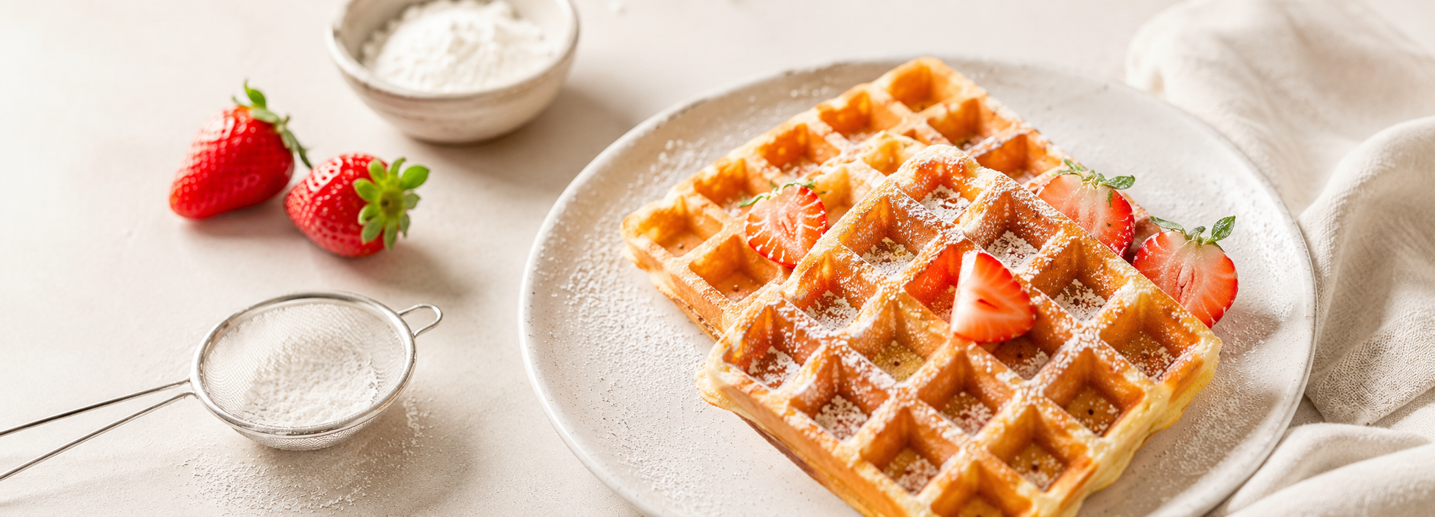 Waffeln mit Erdbeeren und Puderzucker